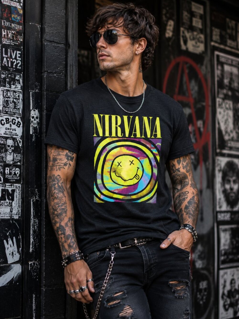 NIRVANA Men's Short Slve Crew Neck Rainbow Logo on Dark Heathered Grey Tee XL